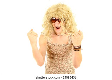 Excited Young Man In Wig And Dressed As Woman