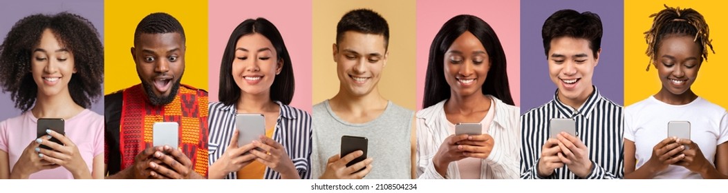 Excited young men and women various nationalities holding mobile phones, using nice mobile applications for gambling or dating online, colorful studio backgrounds, creative image, panorama