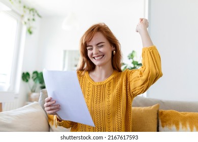 Excited Young Woman Hold Paper Letter Feel Euphoric Receiving Job Promotion Or Tax Refund From Bank, Happy Woman Reading Paperwork Document Smiling Of Good Pleasant News, Getting Student Scholarship