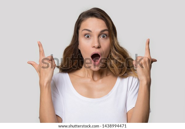 Excited Young Woman Open Mouth Pointing Stock Photo 1438994471 ...