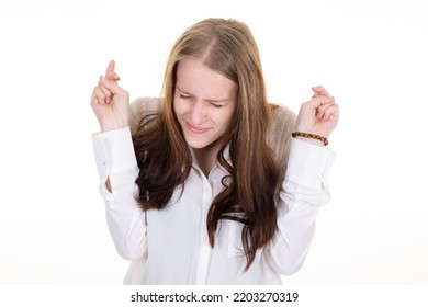 Excitement Charming Young Woman Cross Fingers Good Luck Closed Eyes Smiling Gladly Make Wish Dream Party Went Well In White Background