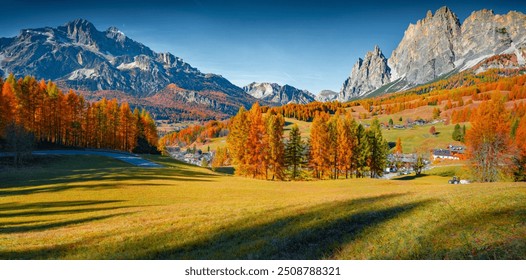 Exciting autumn view of countryside outskirts of Cortina d'Ampezzo town. Spectacular morning scene of Dolomite Alps, Italy, Europe. Beauty of countryside concept background. - Powered by Shutterstock