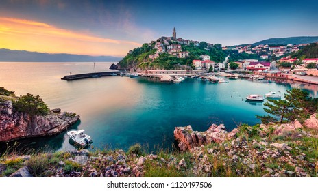 Exciting morning cityscape of Vrbnik town. Colorful summer seascape of Adriatic sea, Krk island, Kvarner bay archipelago, Croatia, Europe. Beautiful world of Mediterranean countries.
