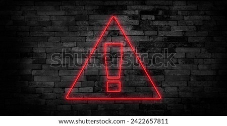 Exclamation danger sign, hazard warning, simple alert icon. Red neon style on black background. Light linear icon with editable stroke.