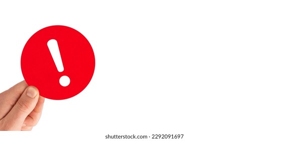 Exclamation mark design. Hand holding red note paper with question mark on white background
