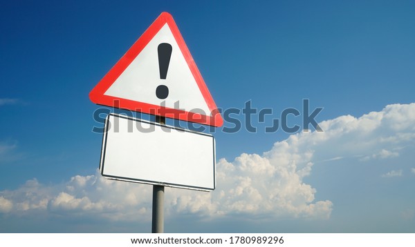 Exclamation mark on a\
road sign with a white nameplate background sky with clouds,\
warning, danger,\
attention
