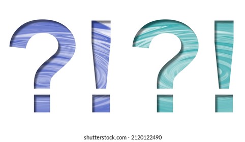 Exclamation and question marks is cut out of white paper on the background of beautiful circles on the water, decorative spring or summer natural font