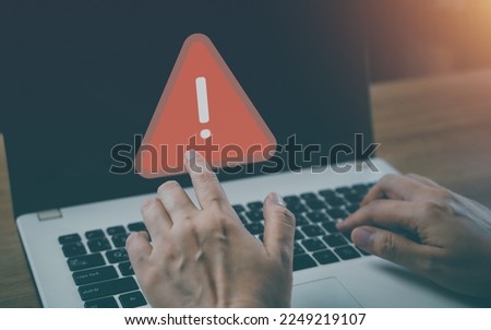 Exclamation security alarm of safety system warning technology sign show on laptop. Error problem cyberspace network, beware danger of virus. Digital screen message notice risk symbol online, fail.