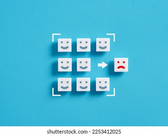 Excluding unhappy and toxic people from the team. Distancing from other people's negativity or negative emotions. White blocks with happy and sad emoticon symbols. - Shutterstock ID 2253412025