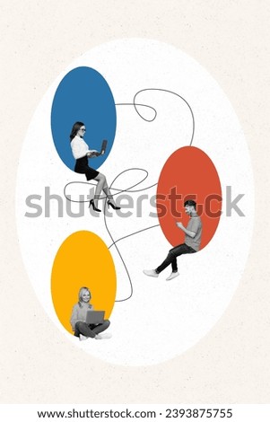 Exclusive collage template of connection between friends coworking remotely communicating online network isolated on white background