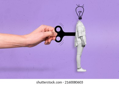 Exclusive dynamic magazine sketch collage of palm wind up woman bulb instead of head isolated violet purple colorful background - Shutterstock ID 2160080603