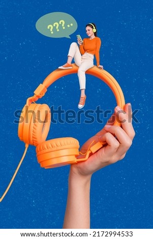 Exclusive dynamic magazine sketch collage of millennial dreamy girl sitting huge headphone enjoy songs isolated blue color background
