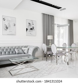 Exclusive Living Room With Stylish Sofa, Coffee Table And Dining Table With Chairs All In White, Silver And Gray