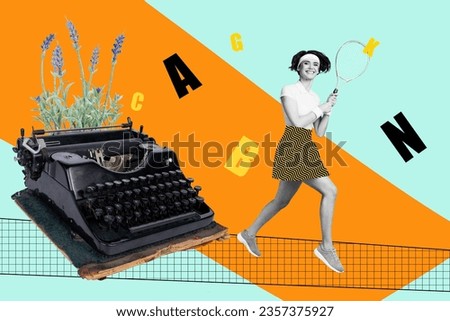 Exclusive magazine collage of funky cheerful sportswoman running playing tennis huge typer machine isolated on painted background