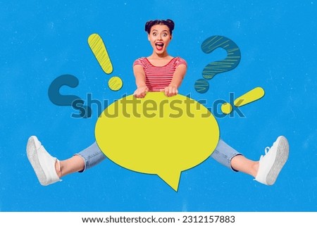Exclusive magazine collage image of funky excited lady getting message empty space isolated blue color background