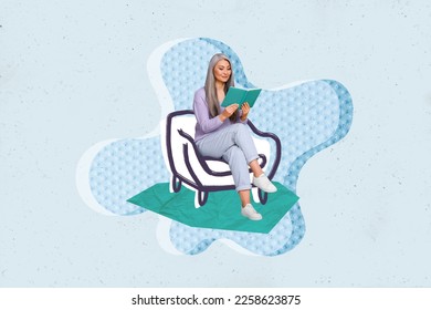 Exclusive magazine picture collage image of happy smiling lady sitting sofa enjoying interesting book isolated painting background - Shutterstock ID 2258623875