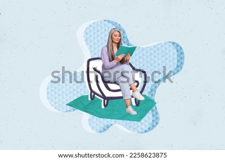 Exclusive magazine picture collage image of happy smiling lady sitting sofa enjoying interesting book isolated painting background