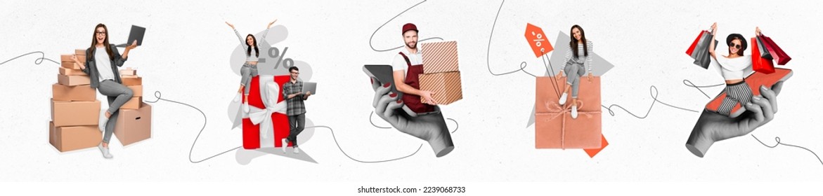 Exclusive magazine picture sketch collage image of happy smiling people working online retail shopping isolated painting background