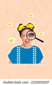 Exclusive magazine picture sketch collage image of funny funky lady investigating loupe yellow flowers isolated painting background - Shutterstock ID 2252033107