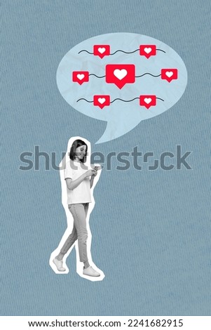 Exclusive magazine picture sketch collage image of smiling lady walking chatting instagram twitter telegram isolated painting background
