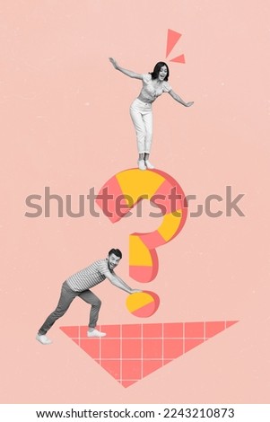 Exclusive magazine picture sketch collage image of married couple solving psychology questions isolated painting background