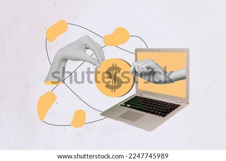 Exclusive magazine picture sketch collage image of arms holding coin modern device isolated painting background