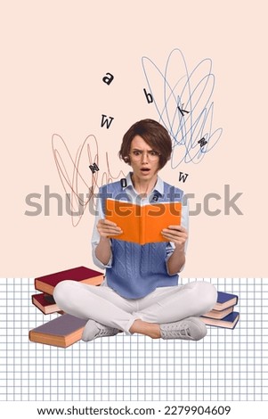 Exclusive magazine picture sketch collage image of impressed lady reading disgusting book isolated painting background