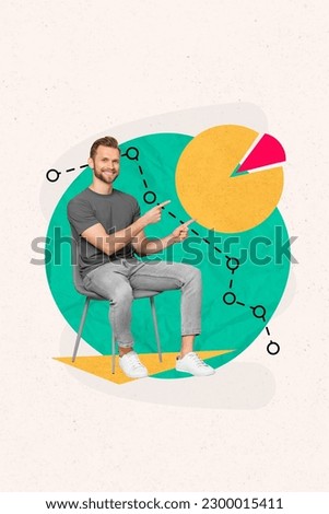 Exclusive magazine picture sketch collage image of happy smiling guy pointing finance diagram isolated creative background