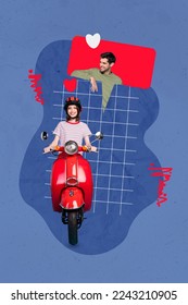 Exclusive magazine sketch collage image happy smiling lady riding motorbike dreaming boyfriend isolated painting background