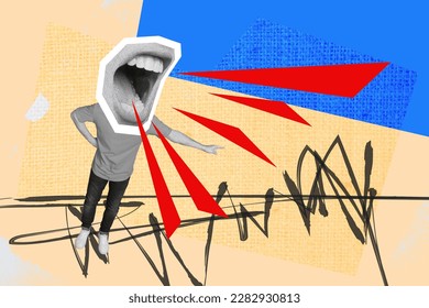 Exclusive magazine sketch collage image of angry guy screaming mouth instead of head isolated painting background