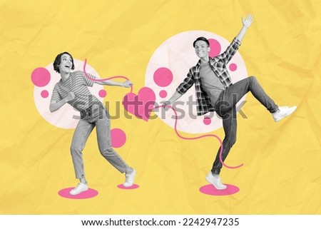 Exclusive magazine sketch collage image of smiling funny guy lady dancing celebrating 14 february isolated painting background