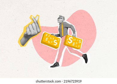 Exclusive Minimal Magazine Sketch Collage Of Running Retired Man Carry Suitcases Money Cash Dollar Signs Big Hand Show Asking Symbol