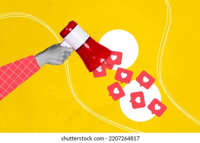 Exclusive Minimal Magazine Sketch Collage Of Hand Holding Megaphone Loudspeaker Likes Followers Notifications Sound Social Media Blogging