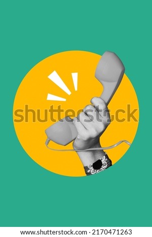 Exclusive minimal magazine sketch collage of palm holding landline phone isolated green yellow color background