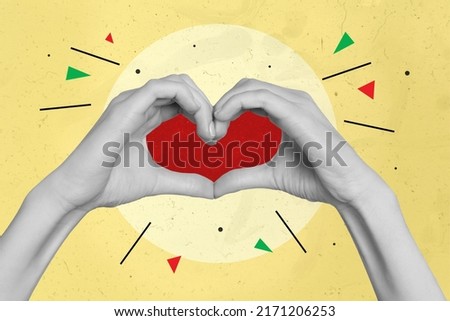Exclusive minimal magazine sketch collage of palms showing heart isolated drawing yellow color background