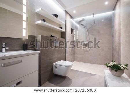Exclusive modern white bathroom with glass shower