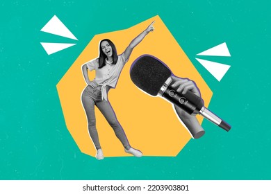 Exclusive painting magazine sketch image of confident loud woman shout speak microphone interview singer party karaoke disco have fun - Shutterstock ID 2203903801