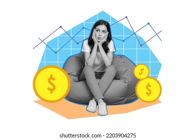 Exclusive Painting Magazine Sketch Image Of Sad Bored Puzzled Young Woman Sit Bean Bag Golden Coins Difficult Market Analysis Statistics