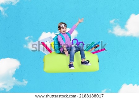 Exclusive painting magazine sketch image of little kid riding big pen case flying skies isolated painting background
