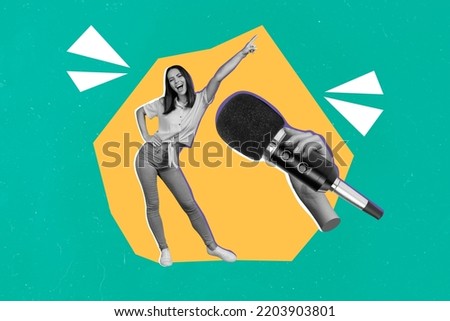 Exclusive painting magazine sketch image of confident loud woman shout speak microphone interview singer party karaoke disco have fun