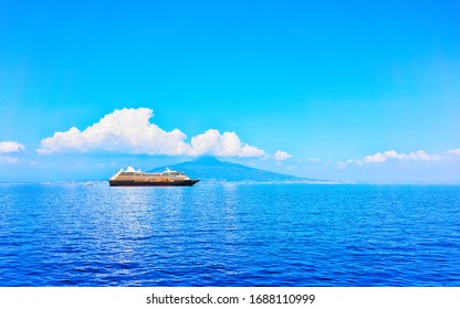 Excursion Cruise Ship With Tourists In Luxury Marina Grande Port In Sorrento Near Naples On Tyrrhenian Sea, Amalfi Coast, Italy. Italian Summer Paradise. Mountains On Amalfitana Coastline.