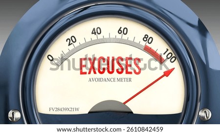 Excuses and Avoidance Meter that is hitting a full scale, showing a very high level of excuses, overload of it, too much of it. Maximum value, off the charts. 