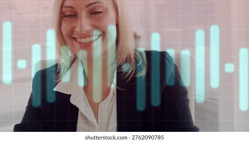 Exec smiling and glancing at laptop and activating turquoise bars overlaying frame, analyzing data. Portrait, headshot, professional, office, corporate, blazer, blouse