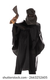executioner in a hood with an axe on a white background