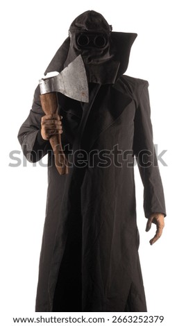 executioner in a hood with an axe on a white background