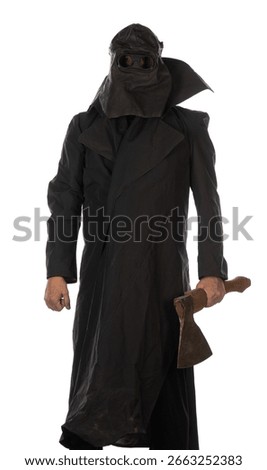 executioner in a hood with an axe on a white background