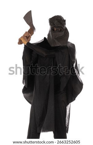 executioner in a hood with an axe on a white background