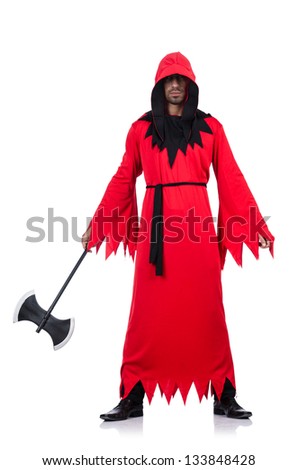 Executioner in red costume with axe on white