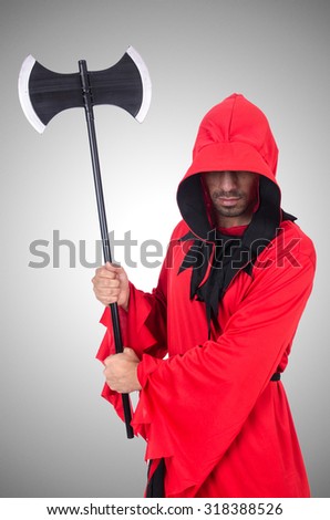 Executioner in red costume with axe on white
