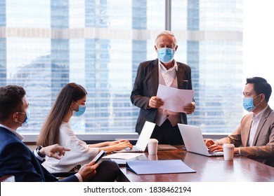 Executive Business People Talking And Meeting And Discussing In A Conference Room, Smart Person Wear Face Mask For Covid-19 Protection